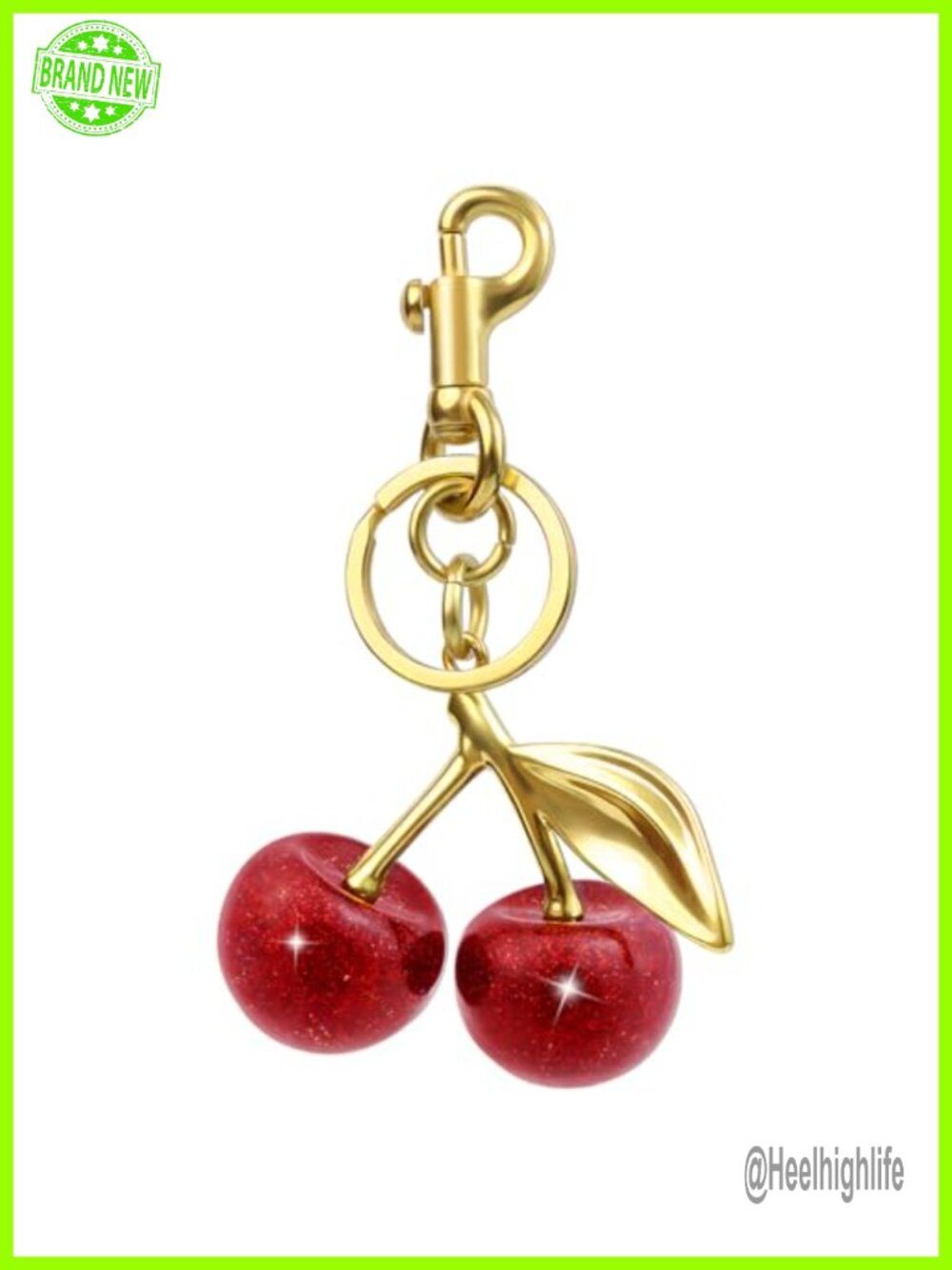Gold Plated Cherry Keychain Purse Charm - Metal & Glittering Resin Accessory